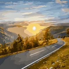 a painting of a mountain road with the sun going down in the distance and trees on either side