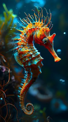 a colorful sea horse is in the water