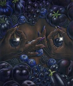 a painting of two hands touching each other surrounded by fruits and vegetables