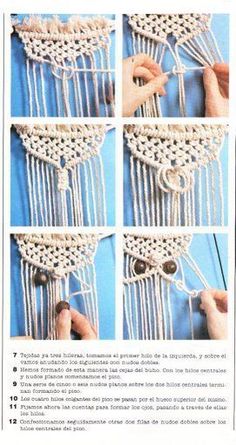 four pictures showing how to make a macrame dream catcher with beads and yarn