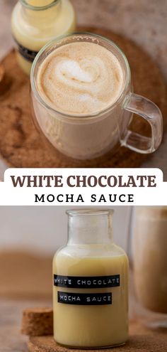 white chocolate mocha sauce in a glass mug next to a bottle of milk