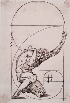 a drawing of a man with his arms outstretched in front of a circle and lines