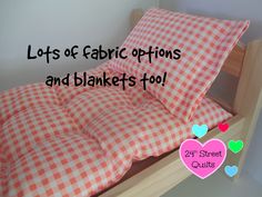 an orange and white checkered bed spread with hearts on the bottom, along with text that reads lots of fabric options and blankets - fool