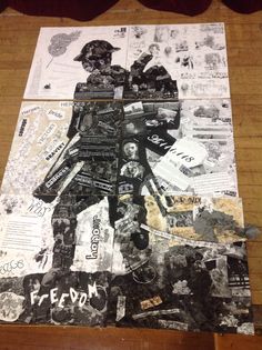 a piece of art that has been collaged with newspaper and other things on it