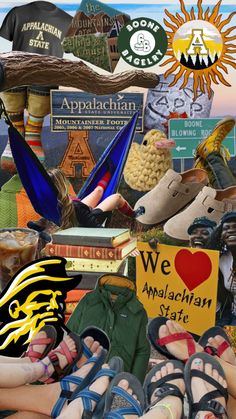 a collage of shoes, books and other items in front of a sky background