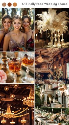 the collage shows different types of chandeliers and tables with flowers on them