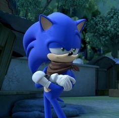 sonic the hedgehog is holding a baseball bat in an animated video game scene with trees and bushes behind him