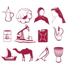 various silhouettes of different types of oil and other things in red on white background