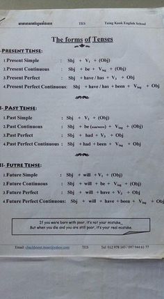 the form of tense is written on a piece of white paper with black writing in it