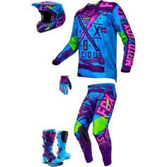 a blue and pink motocross gear set with matching boots, gloves and helmet