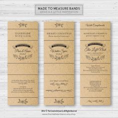 three wedding program cards with the words made to measure bands on them, in brown paper