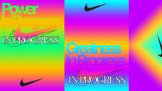 the nike logo is shown in four different colors and sizes, including pink, blue, green, yellow, and purple