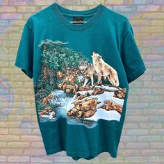 Label size: Small Recommended size: Small How it fits: Regular Pit to pit: 19" Shoulder to bottom: 27" Flaws: Photos show marks if any Material : 100% Cotton Era: 90s Colour: Teal/Multicolor Wolves Art, Howling Wolves, Wolf Graphic, Art Top, Nature Tees, 90s Colors, Wolf Art, Made In Usa, Graphic T Shirt