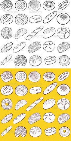 different types of breads and pastries in black and white on yellow background - food objects