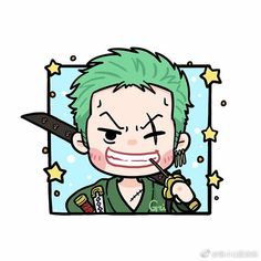 an image of a cartoon character with green hair holding a knife in front of his face