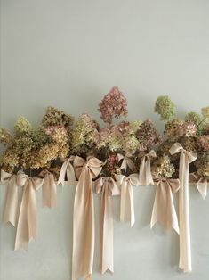 bow stacking. dried hydrangeas with blush silk ribbon bows in a floral display on a fireplace mantel. Dried Hydrangeas, Hand Dyed Silk Ribbon, White Bridal Bouquet, Hand Dyed Silk, Floral Inspiration, Silk Dyeing, Wedding Mood, Industrial Wedding, Floral Centerpieces