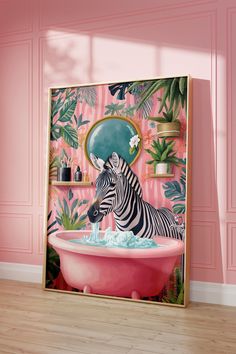 a painting of a zebra in a bathtub with pink walls and wooden floors,