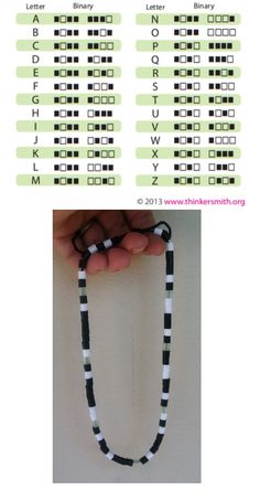 the instructions for how to make a necklace with black and white beads, including letters