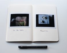 an open book with two pictures and a pen