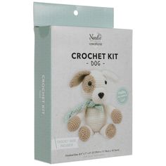 the crochet kit includes a stuffed dog