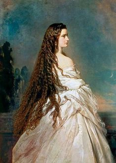 a painting of a woman with long hair in a white dress, looking off to the side