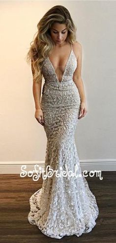 Mermaid Deep V-Neck Long Silver Lace Prom Dresses with Sequins, TYP0006 #prom #promdresses #longpromdresses #eveningdresses #cheappromdresses #party #2019promdresses Prom Dress Silver, Quinceañera Dresses, Rembo Styling, Formal Dresses Graduation, Marriage Dress, African Prom Dresses, Prom 2020, Fabulous Outfits