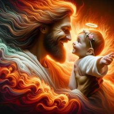 a painting of jesus holding a baby in his arms with the light coming from him