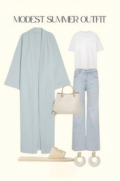 Stay cool and stylish this summer with this elegant modest outfit. Featuring light denim jeans, a simple white tee, and a soft blue duster coat, this look is perfect for warm days. The outfit is paired with chic slides, a cream handbag, and statement earrings for a minimalist yet polished vibe. Perfect for those who want comfort without compromising on style! Hijab Vacation Outfits, Muslim Summer Outfits, Abaya Outfit Ideas, Blue Handbag Outfit, Blue Denim Jeans Outfit, Hijabi Fashion Summer, Blue Abaya, Cream Handbag