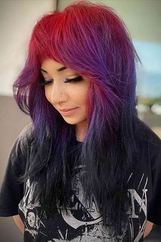 Red to Purple to Black Ombre for girls with thick long hair Red Hair Tips, Ombre Hair Ideas, Long Ombre Hair, Black Red Hair, Short Hair Tomboy, Red Hair Inspo, Vivid Hair Color, Short Hair Images, Long Layered Haircuts