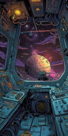 the inside of a space station looking out at planets