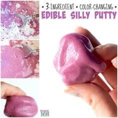 the process for making edible silly putty is shown in three different stages, including pink and purple