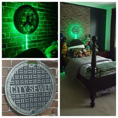 there is a green light in the bedroom and on the wall next to the bed