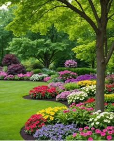 a lush green yard with lots of flowers and trees