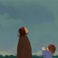 a painting of two children looking up at the sky and one is holding a cell phone