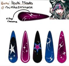 I'm definitely doing these at some point I love them and I love ibuki Danganronpa Nails, Ibuki Mioda, Nail Stuff, Pretty Gel Nails, Really Cute Nails, Cute Nail Designs, Pretty Acrylic Nails