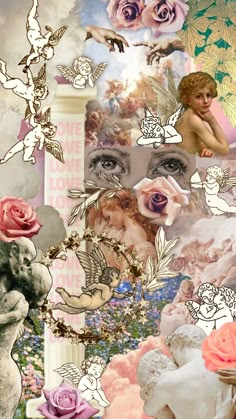 a collage of images with flowers and angels