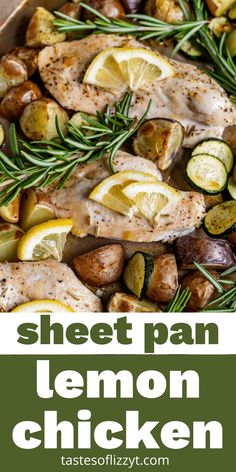 sheet pan lemon chicken with potatoes and rosemary garnish on the side, in a baking dish