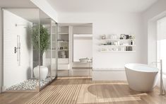 a bathroom with a tub, sink and shelves on the wall next to it's glass doors