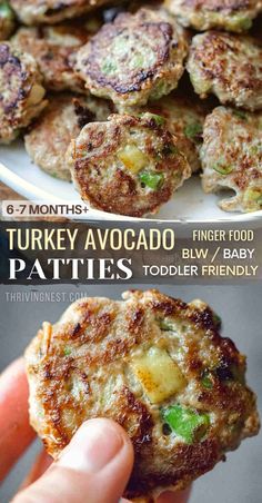 there is a plate with some food on it and the words turkey avocado patties