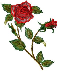 a red rose with green leaves is shown in this embroidery design, which has been stitched onto the side of a white shirt