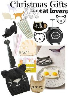 christmas gifts for cat lovers are on display in this collage with cats, eggs and other items