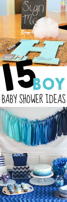 a baby shower party with blue and white decorations