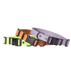 three different colored belts with black, orange and green stripes on each one belt has two buckles at the bottom