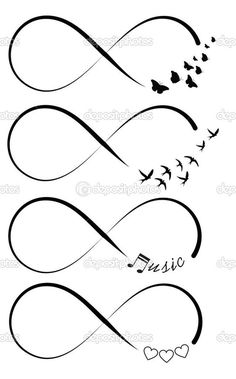 the word music written in cursive writing with birds flying around it and hearts