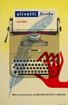 an old fashioned typewriter with a feather on it's head and the words, olivetti scribble