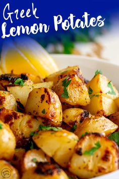 a white bowl filled with fried lemon potatoes