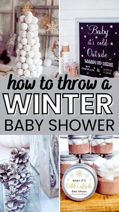 how to throw a winter baby shower with pine cones, candles and other items in jars