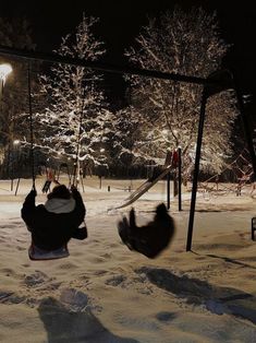 two people on swings in the snow at night with trees and street lights behind them