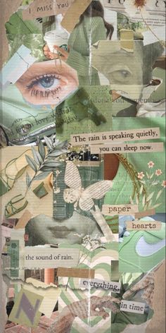 altered collage with words and pictures on it's side, including an eye