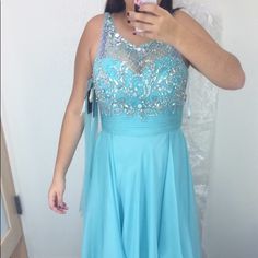 Worn Once, Long Silky Dress. It Has Low V Cut In The Back, And Super Flattering. Beautiful Gem Detailing On The Top. It’s A Large But I Typically Wear A Size 10-12 On Dresses. Baby Blue Gown, Blue Gown, Silky Dress, V Cut, V Cuts, Dresses Long, Blue And Silver, Baby Blue, Long Dress